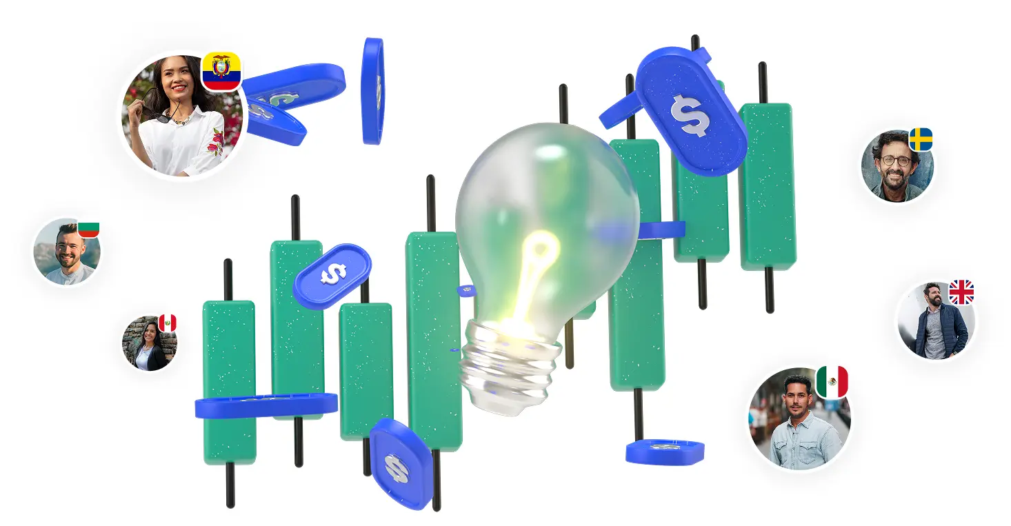 A digital illustration of financial candlestick charts, a glowing light bulb, and floating dollar tokens, with diverse user profile pictures and country flags.